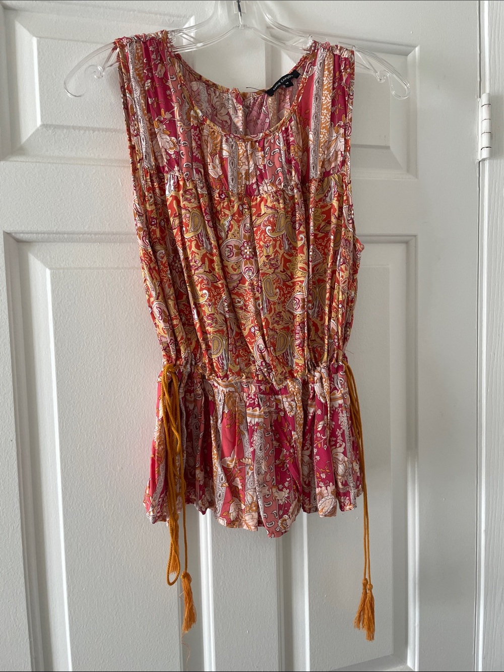 Anne Carson Sleeveless Paisley Tunic in Pink and Orange with Tassel Ties